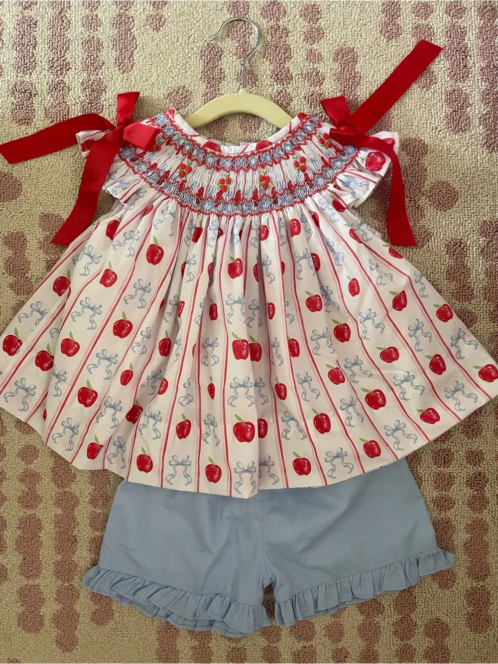Red Apple Smocked Girls' Dress Top w/ ruffle shorts